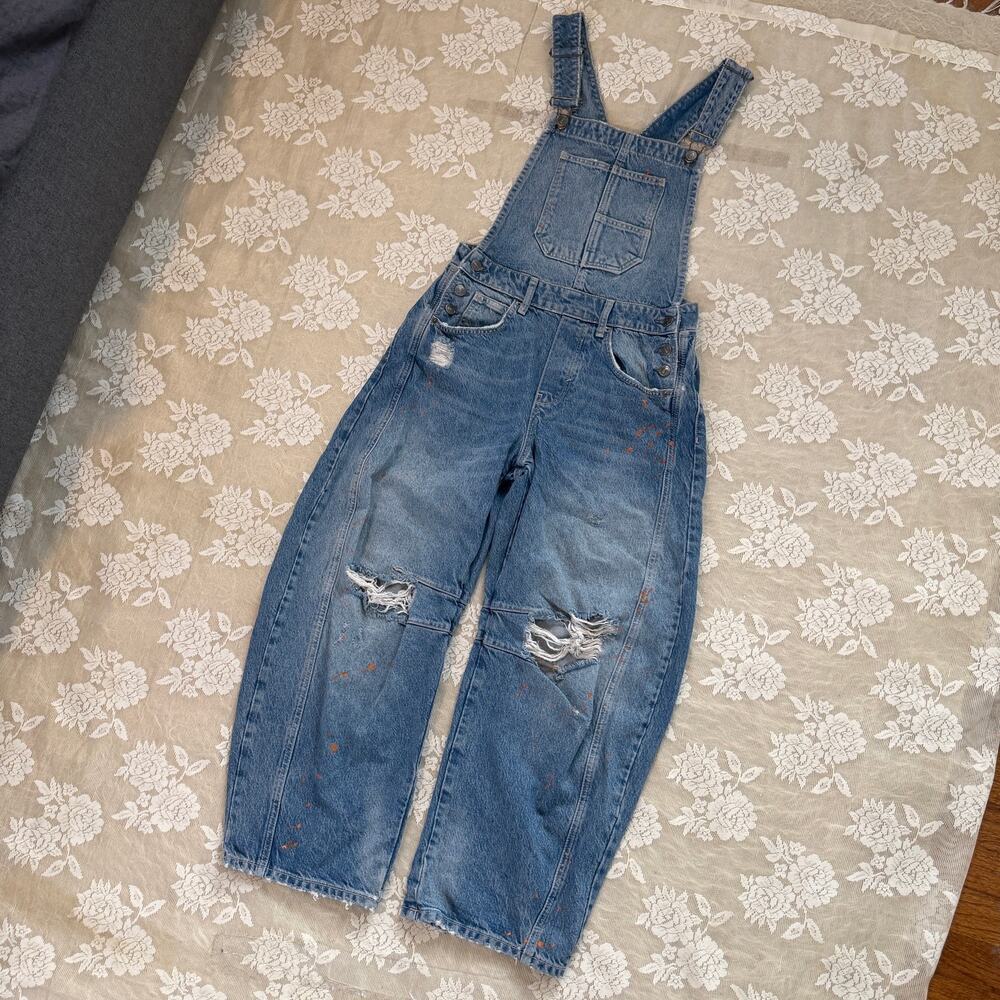 Free People We The Free Distressed Barrel Denim Overalls Size XS
